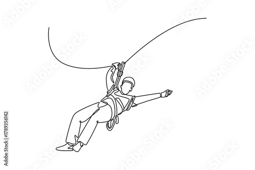 An exhilarating zipline adventure. unforgettable experience. Travel experience concept. Single line draw design. Vector graphic illustration