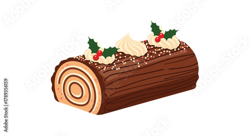 A delicious chocolate Yule log cake decorated with cream, holly, and sprinkles, perfect for Christmas celebrations and holiday desserts.