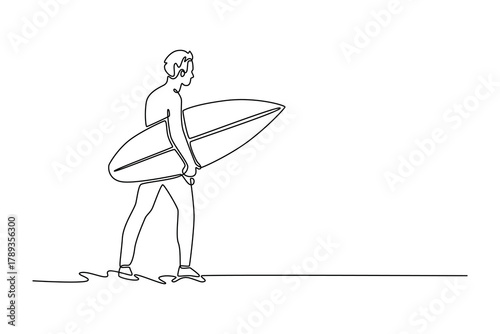 Surfer, walking and man on beach at sunset for adventure in summer, holiday or travel in vacation. Travel experience concept. Single line draw design. Vector graphic illustration