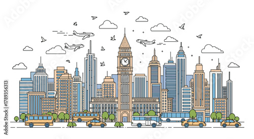 Modern city skyline illustration featuring urban transportation, an iconic clock tower, and airplanes flying overhead against a white background.