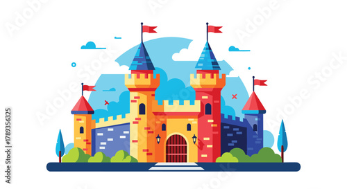 A vibrant and whimsical cartoon castle illustration featuring multiple colorful towers, red flags, and a grand gate, set against a bright blue sky.