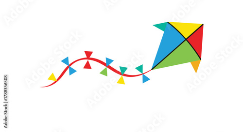 A vibrant, multicolored kite with a long, flowing red tail adorned with small, colorful triangular flags, flying against a white background.