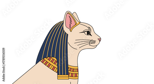 Elegant depiction of an ancient Egyptian cat goddess in profile, adorned with a traditional blue headdress and golden jewelry.