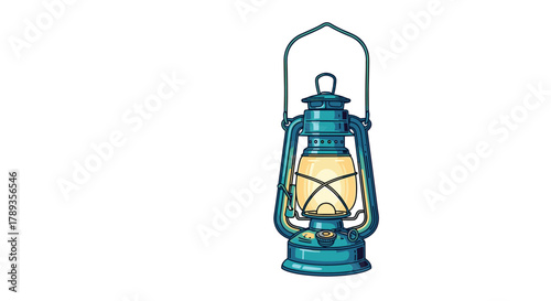 A retro teal hurricane lamp glowing softly, presented as a stylized vector illustration on a clear white background.