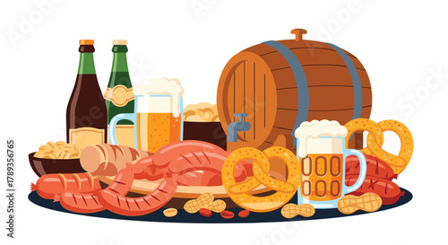 A vibrant illustration of traditional German Oktoberfest food and drink, featuring beer, sausages, pretzels, and a wooden barrel, all arranged invitingly.