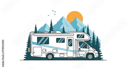 A scenic illustration depicting a white recreational vehicle parked amidst towering pine trees and majestic mountains, bathed in the warm glow of a setting sun.