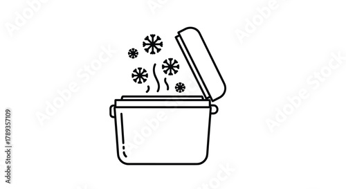 An illustration of an open cooler or ice chest with snowflakes and vapor emanating, representing cold temperatures or dry ice inside.