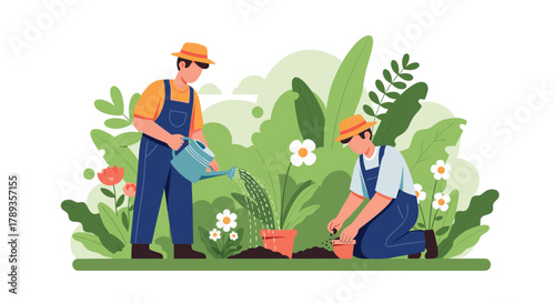 Two cheerful male gardeners are actively working in a vibrant green garden, illustrating concepts of planting, watering, and sustainable living.