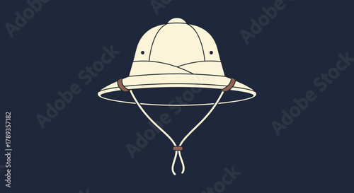 A simple vector illustration of a cream-colored pith helmet with a chin strap, prominently displayed against a dark blue background.