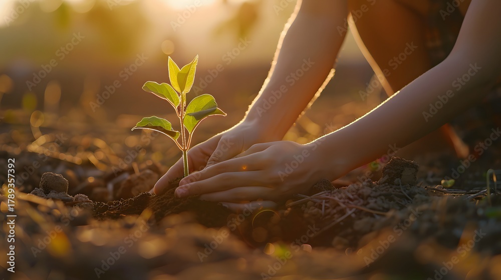 Fototapeta premium close-up of hands planting a young tree seedling in warm sunlight, symbolizing growth, hope, sustainability, and connection to nature.