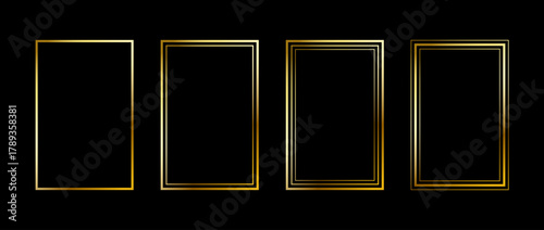 Golden thin rectangle frame set. Shining gold square borders in art deco style. Thin linear rectangular cadre collection. Vector yellow glowing shiny boarder element pack for photo, poster, card