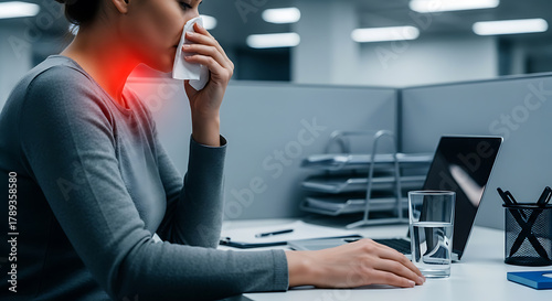 Sick woman blowing nose in office, suffering from cold and sore throat. Workplace illness concept.