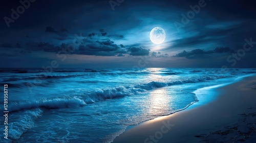 Fantasy tropical beach under full moon night concept. Serene moonlit ocean scene with gentle waves and tranquil sky.