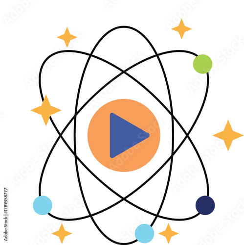 Atom play science technology orbit electron nucleus physics energy illustration Play button center of atom model with orbiting electrons and glowing stars symbolizing science technology and energy