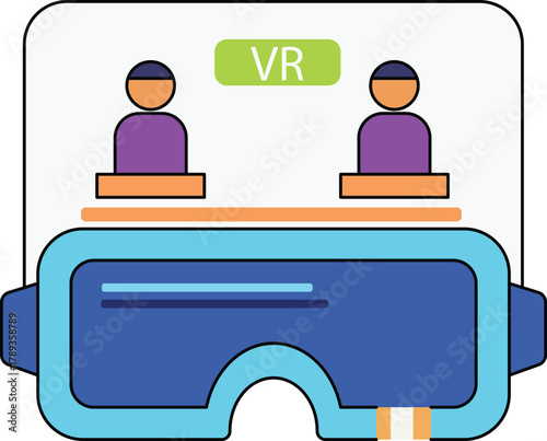 Virtual reality headset with two people avatars, digital communication, and VR label, representing immersive technology and online interaction in modern, minimal style