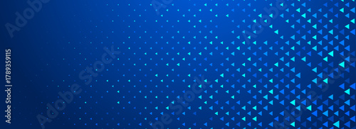 Blue neon triangle texture. Glowing arrow geometric background. Tech triangular mosaic pattern wallpaper. Fading arrow halftone gradient for business booklet, science poster, healthcare banner. Vector