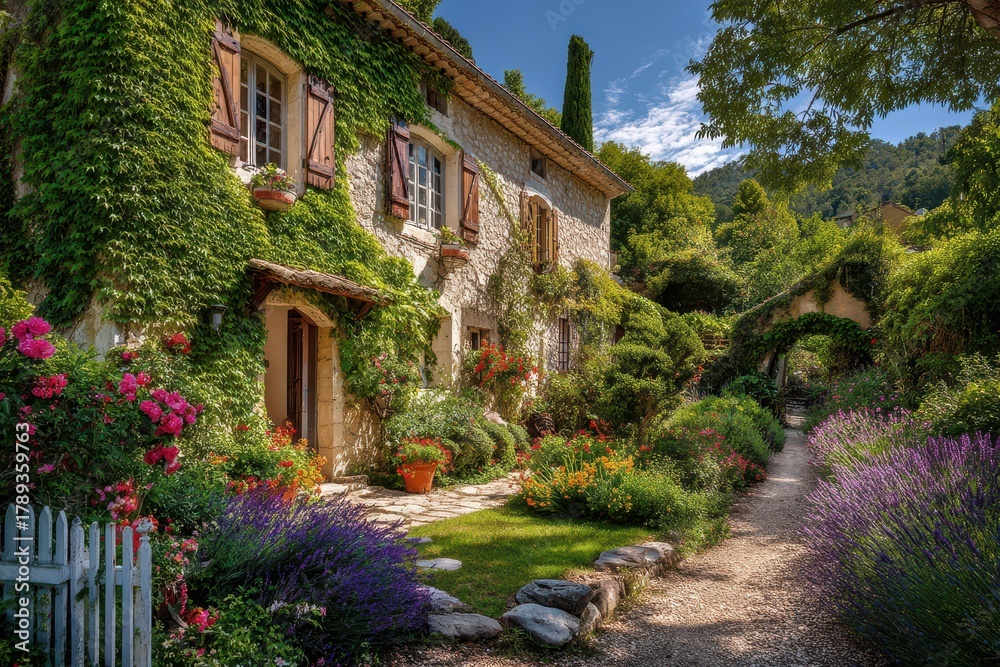 Fototapeta premium Charming village house with lush garden bathed in warm golden-hour light