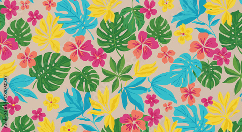 Vibrant Tropical Leaves and Flowers Pattern with a Bohemian Aesthetic, Ideal for Textile and Decor Design