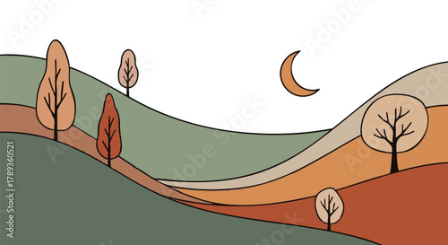 Abstract landscape with rolling hills and a crescent moon, evoking a serene and tranquil autumn evening scene