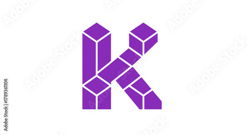 Isometric purple letter k formed by geometric block shapes design
