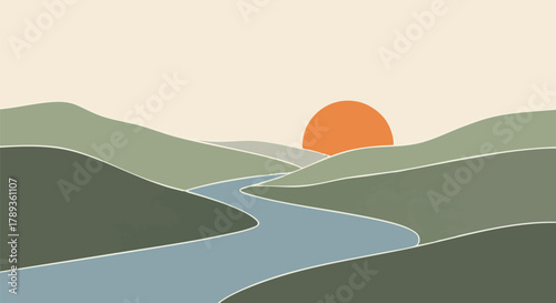 Serene Landscape Illustration A Stylized River Flows Through Rolling Hills at Sunset