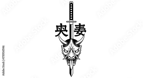 Japanese katana sword piercing hannya mask with ancient calligraphy
