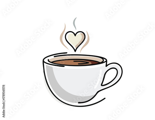 Steaming Cup of Coffee with Heart-Shaped Steam, Emblematic of Warmth and Affection
