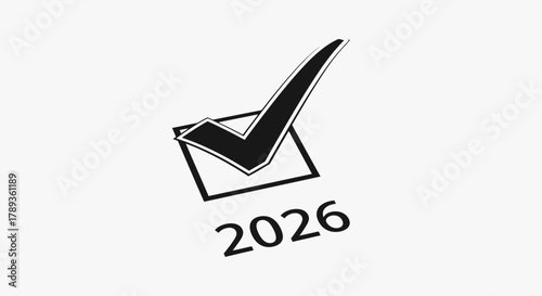 Checkmark symbol and year 2026, indicating future completion