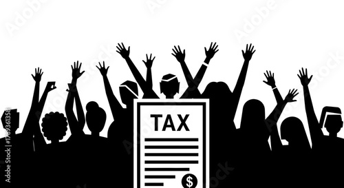 People protesting high taxes with hands raised, standing behind tax form