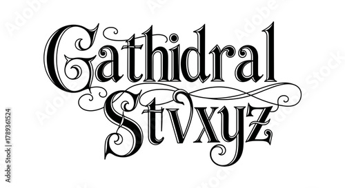 Elegant gathidral stvxyz font, ornate decorative lettering design.