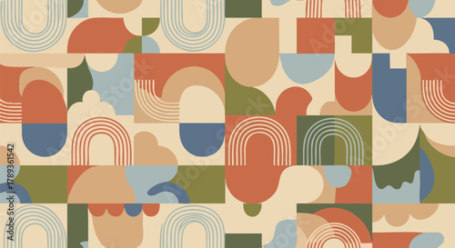 Abstract geometric pattern with rounded shapes and arcs in earthy tones, modern minimalist design