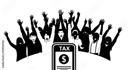 Citizens cheering tax app with dollar sign, mobile finance solution