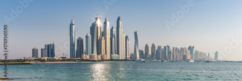 Dubai marina skyline and beach panoramic