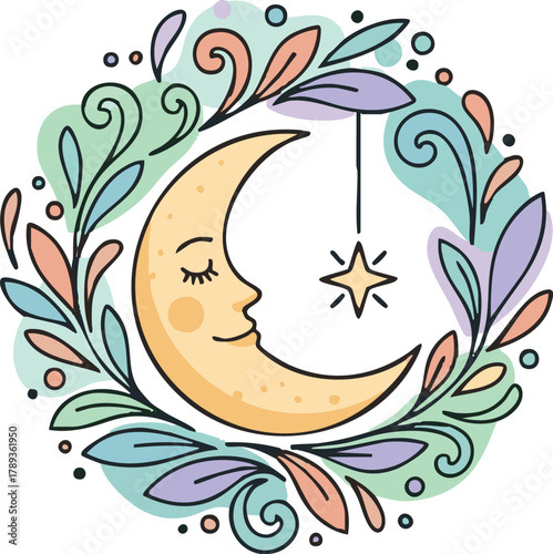 Whimsical Crescent Moon surrounded by decorative floral elements and a dangling star, representing dreams and magic