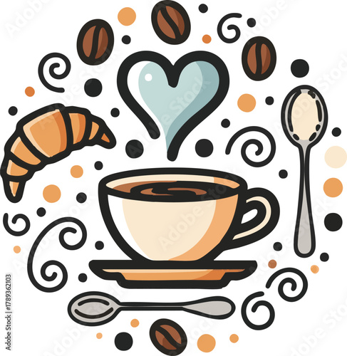 Charming Coffee Cup with Croissant and Spoon, Perfect for Cafes and Breakfast Menus