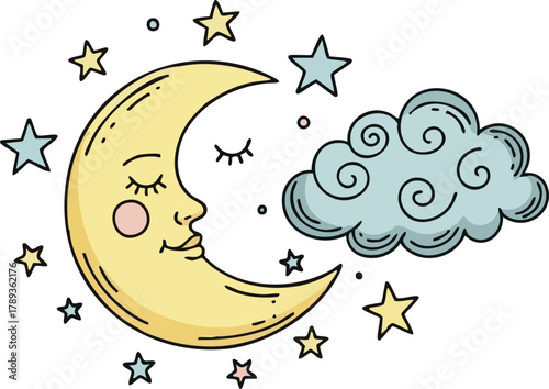Whimsical Crescent Moon Character with Closed Eyes, Surrounded by Stars and a Fluffy Cloud Illustration