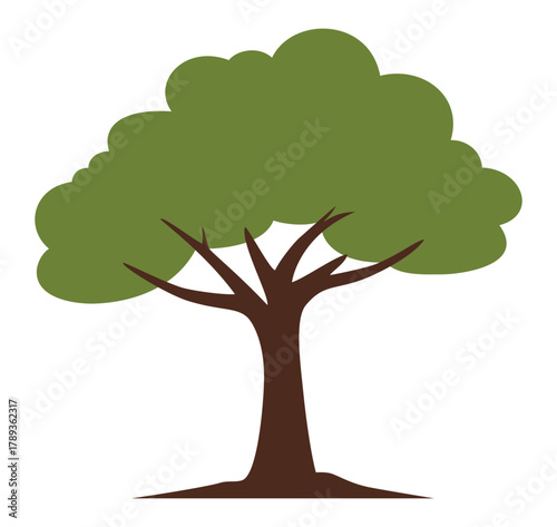Deciduous tree illustration with large green crown and brown trunk representing nature environment ecology growth and outdoor park scene