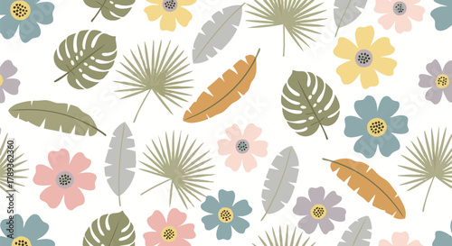 Seamless pattern of tropical leaves and colorful flowers, perfect for summer designs and backgrounds