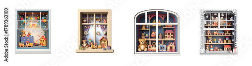 Four intricately decorated toy shop window displays filled with vintage style toys isolate