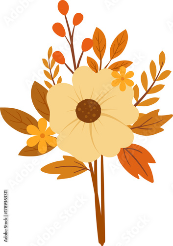 Autumn flower arrangement with seasonal foliage in warm colors