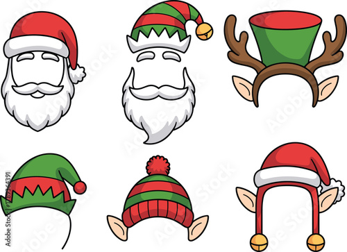 Cartoon Christmas photo booth props collection including Santa hats, elf ears, beards, and reindeer antlers, festive holiday party decoration illustration