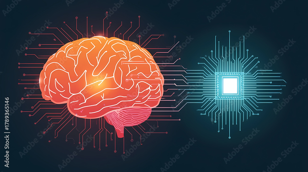 Fototapeta premium Artificial intelligence concept showcasing human brain connected to computer circuit, representing machine learning and future tech innovation