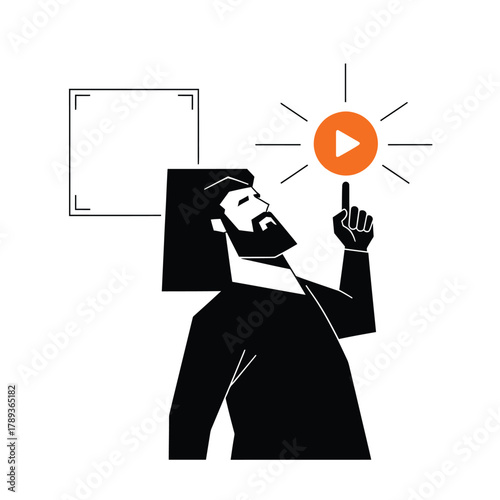 Man pointing at a play button icon, representing video content creation and digital media engagement