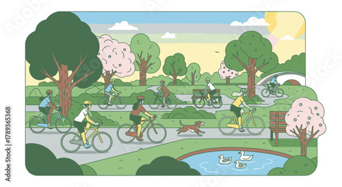A vibrant illustration depicts people of diverse ages and backgrounds enjoying a sunny day cycling through a lush green park with blooming trees and a serene pond.