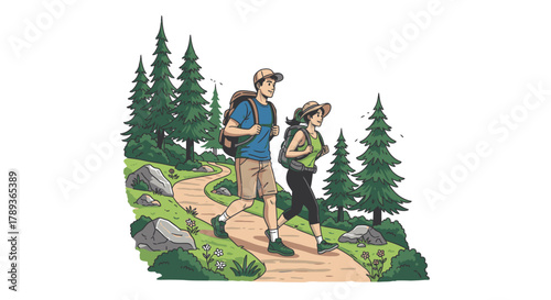 A man and woman hike along a trail through a forest, enjoying the outdoors.