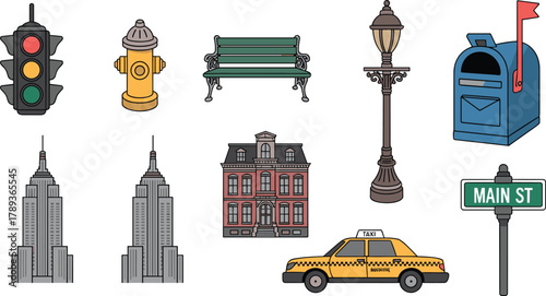 Collection of colorful city and transportation illustrations, urban street elements including taxi, skyscraper, streetlight, bench, mailbox, and traffic signal