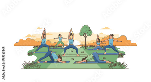 A group of people practicing various yoga poses outdoors in a park at sunset, enjoying a peaceful and healthy lifestyle.