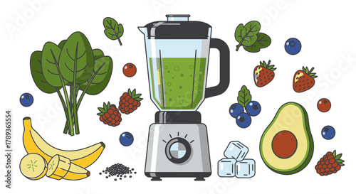 Illustration of a blender surrounded by fruits, vegetables, and ice cubes, suggesting a healthy smoothie preparation.