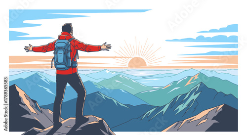 A hiker stands with arms outstretched on a mountain peak, embracing the sunrise over a vast mountain range.