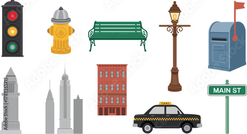 Collection of colorful city and transportation illustrations, urban street elements including taxi, skyscraper, streetlight, bench, mailbox, and traffic signal